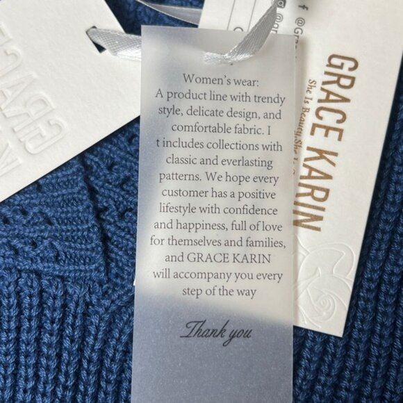 Grace Karin Blue Knit Split-Neck Pullover Sweater Women's M NWT - Picture 5 of 6